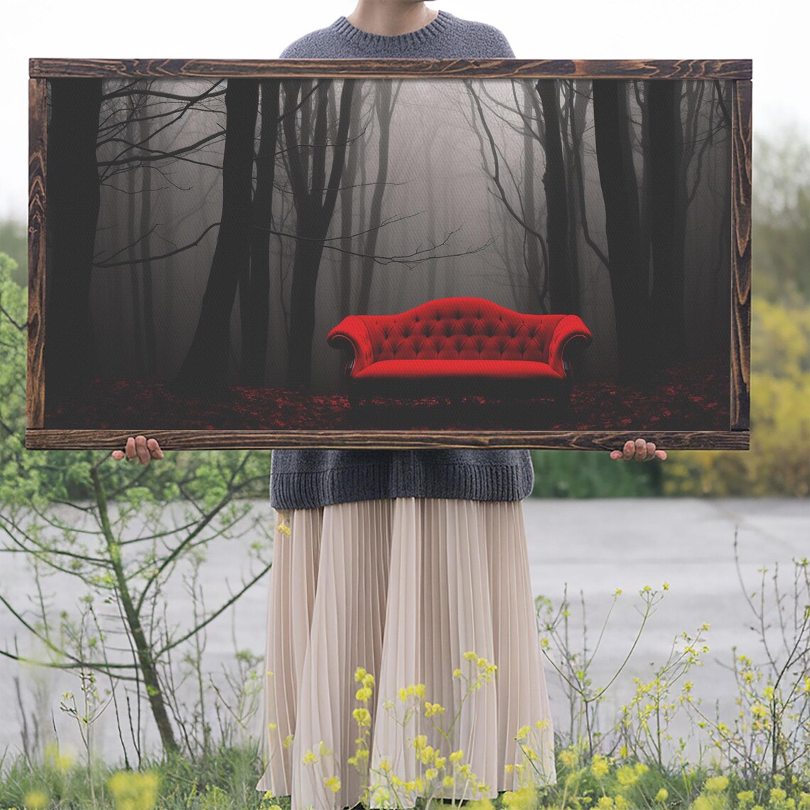 Red Velvet Sofa In Dark Foggy Forest Surreal Gothic Mystery Wall Art Poster - Image 2