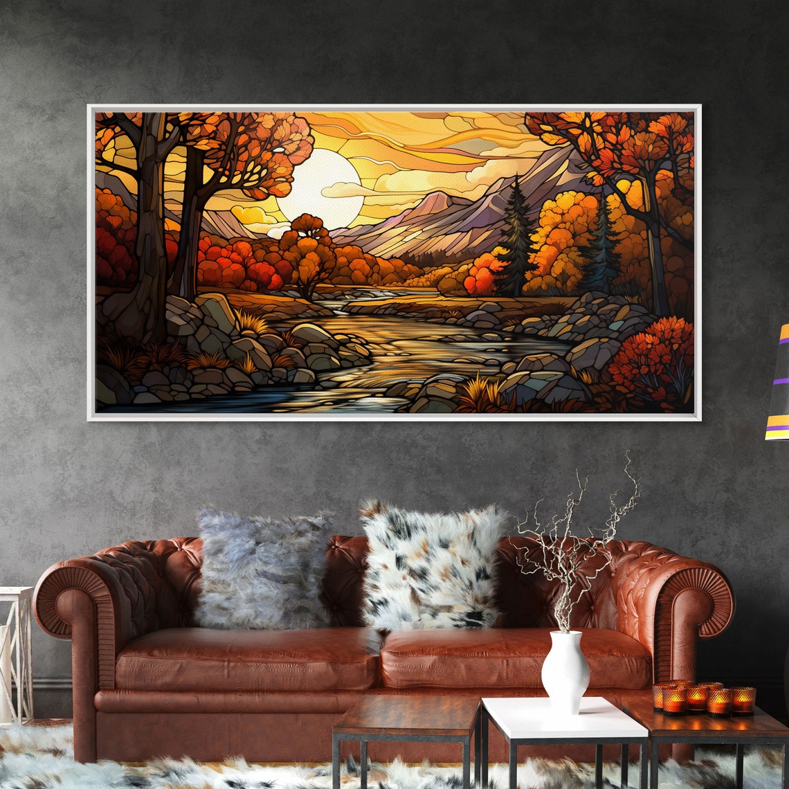 Stained Glass Autumn Mountain River Fall Trees Colorful Window Art