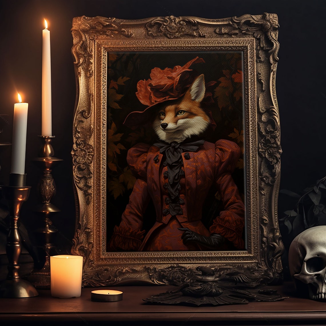 Victorian Lady Fox In Red Gown And Leaf Hat Animal Portrait Print
