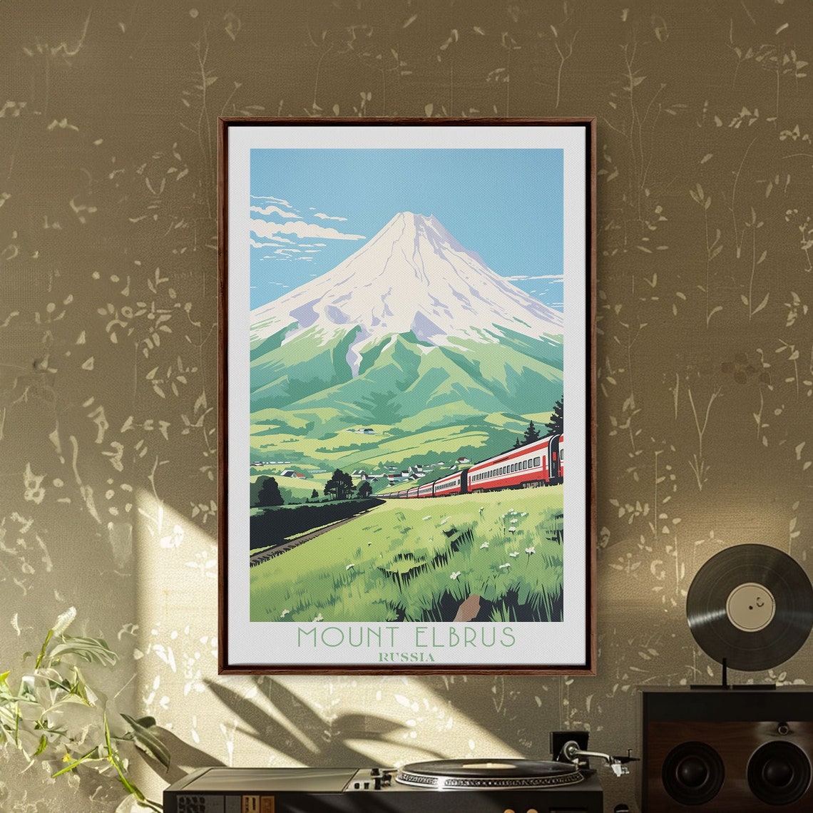 Mount Elbrus Russia Snow Capped Peak Train Meadow View Poster - Image 6
