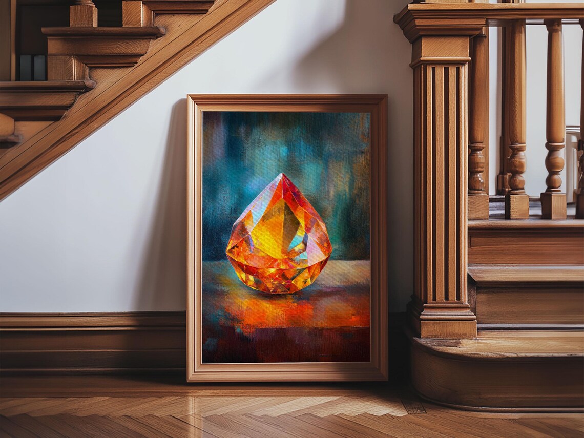 Red Gemstone Faceted Jewel Painting Teal Background Precious Stone Wall Art - Image 6