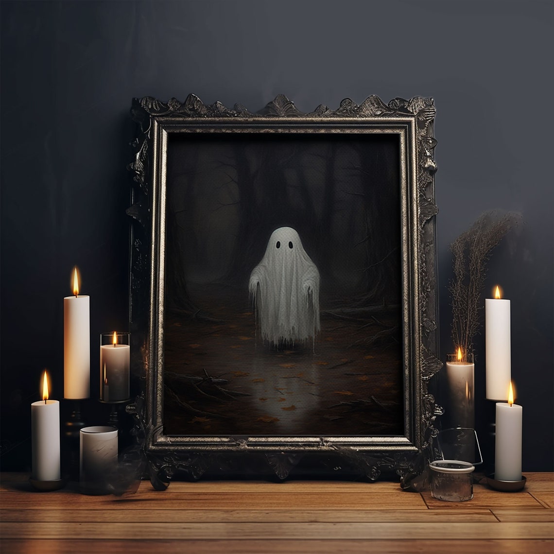 Cute Little Ghost Glowing In Dark Forest Funny Halloween Art Poster - Image 6