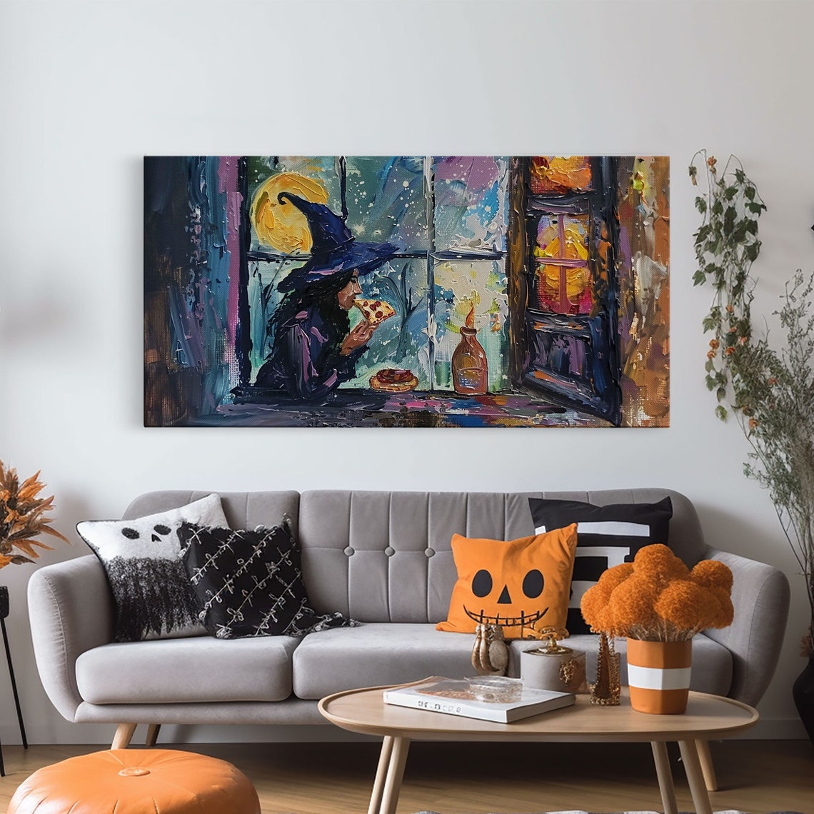 Witch Eating Pizza By Window At Night Funny Impasto Halloween Print - Image 6