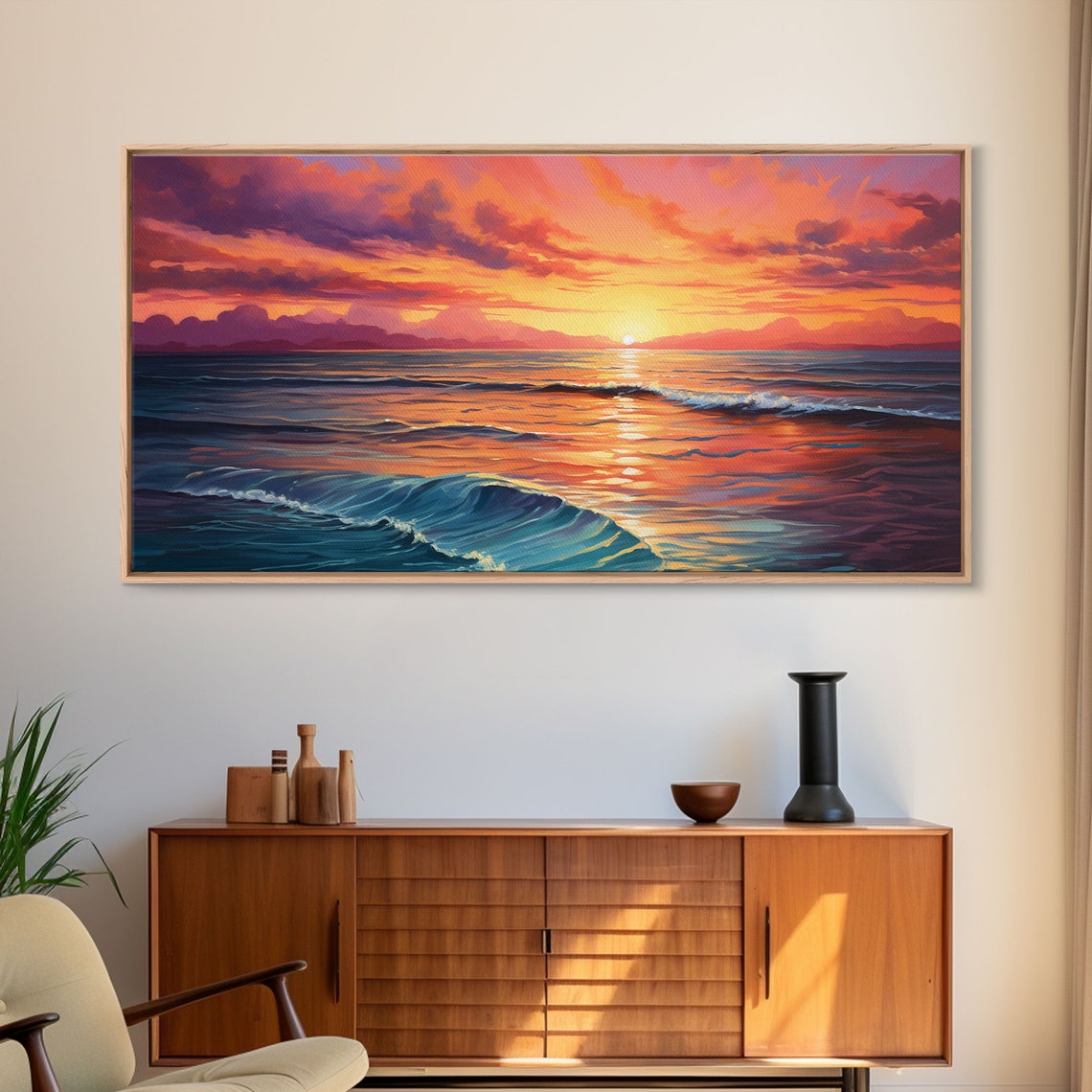 Ocean Sunset Waves Painting Vibrant Orange Purple Seascape Wall Poster
