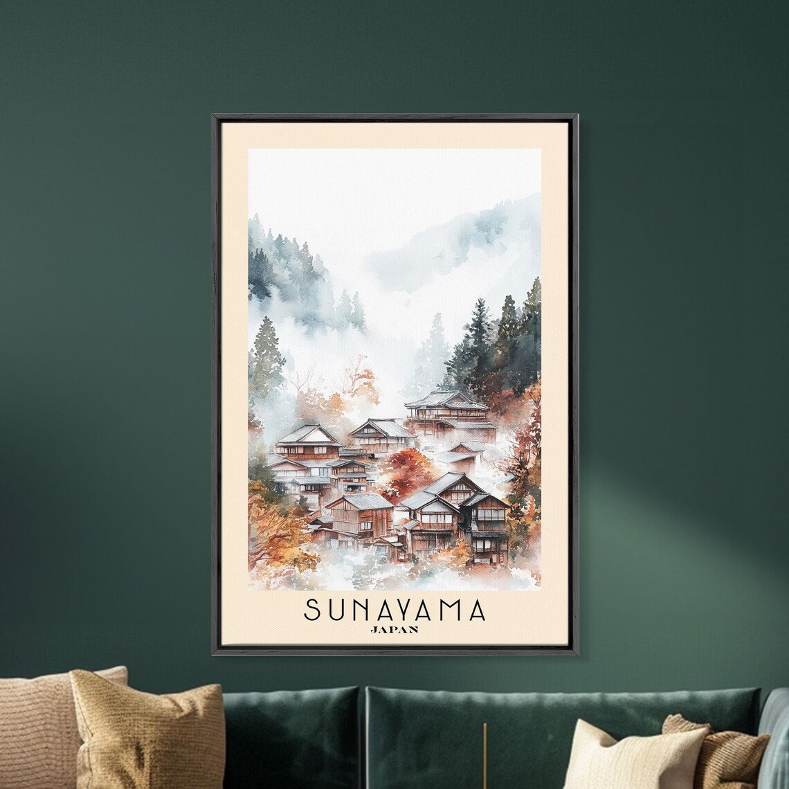 Sunayama Japan Misty Mountain Village Autumn Foliage Watercolor Poster - Image 5