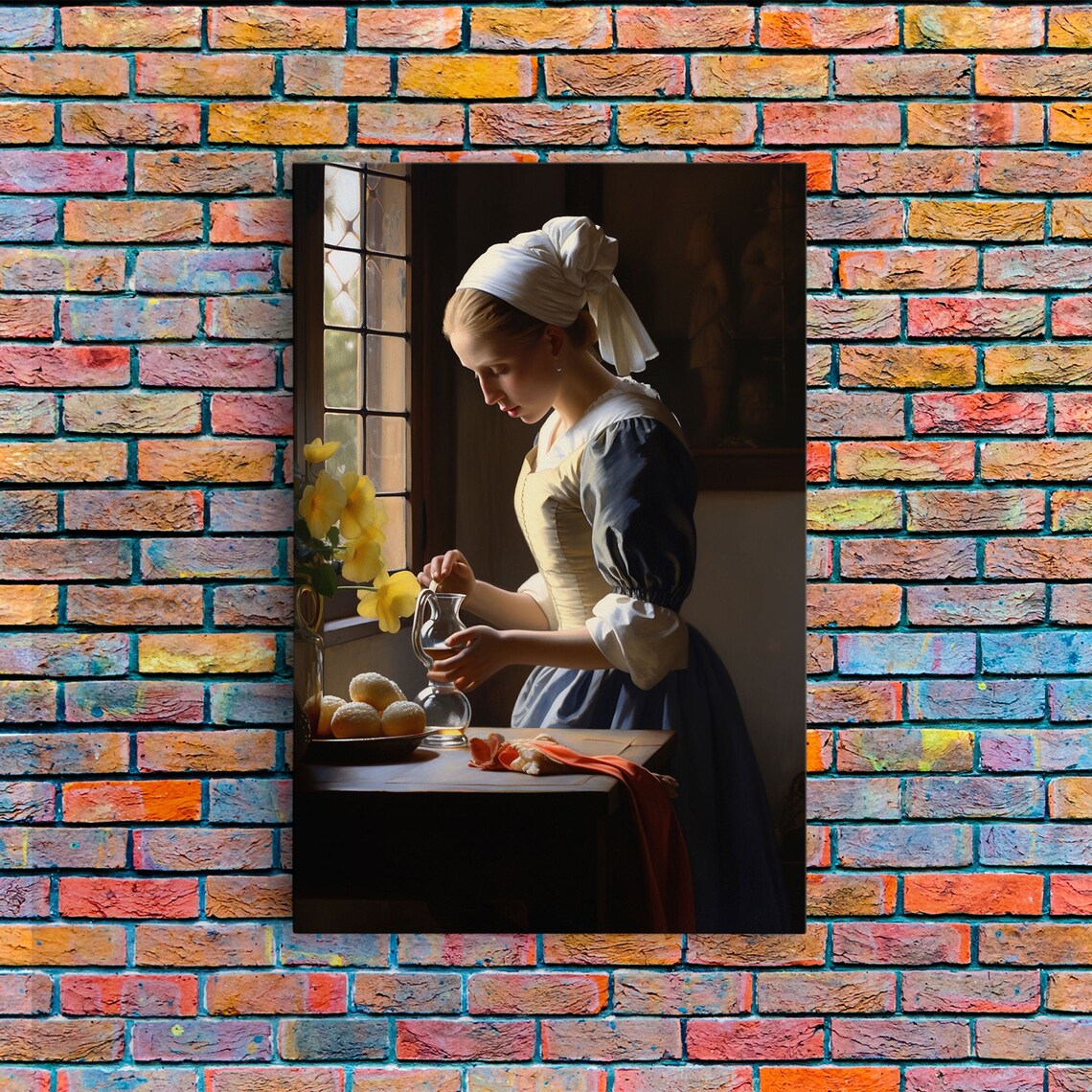 Dutch Old Master Woman Pouring at Window Yellow Flowers Kitchen Art Print
