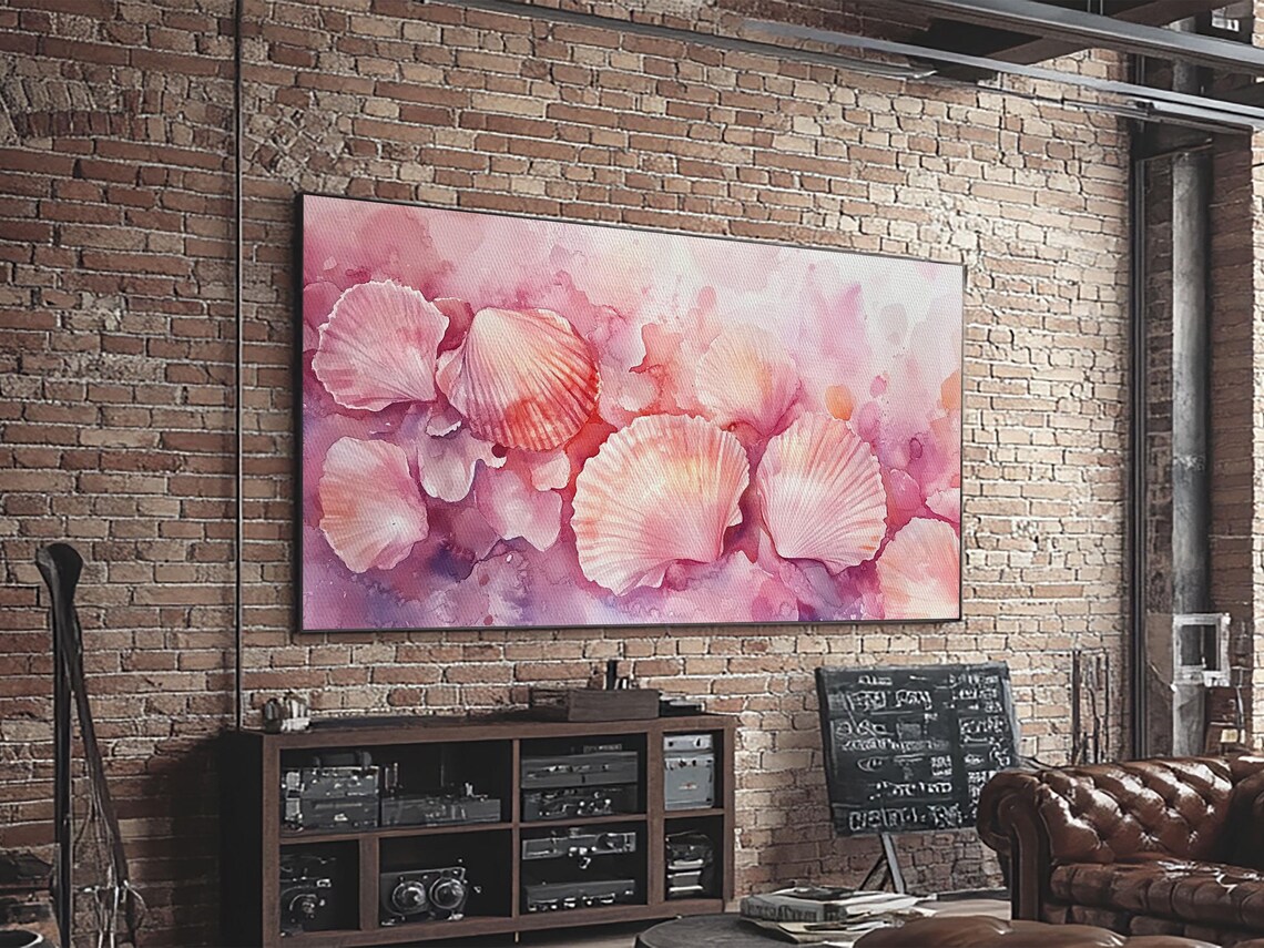 Pink Scallop Shells Wide Horizontal Coastal Watercolor Seashell Art Poster - Image 3
