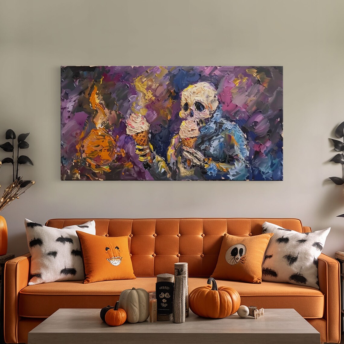 Funny Skeleton Eating Two Ice Cream Cones Impressionist Spooky Wall Art - Image 5