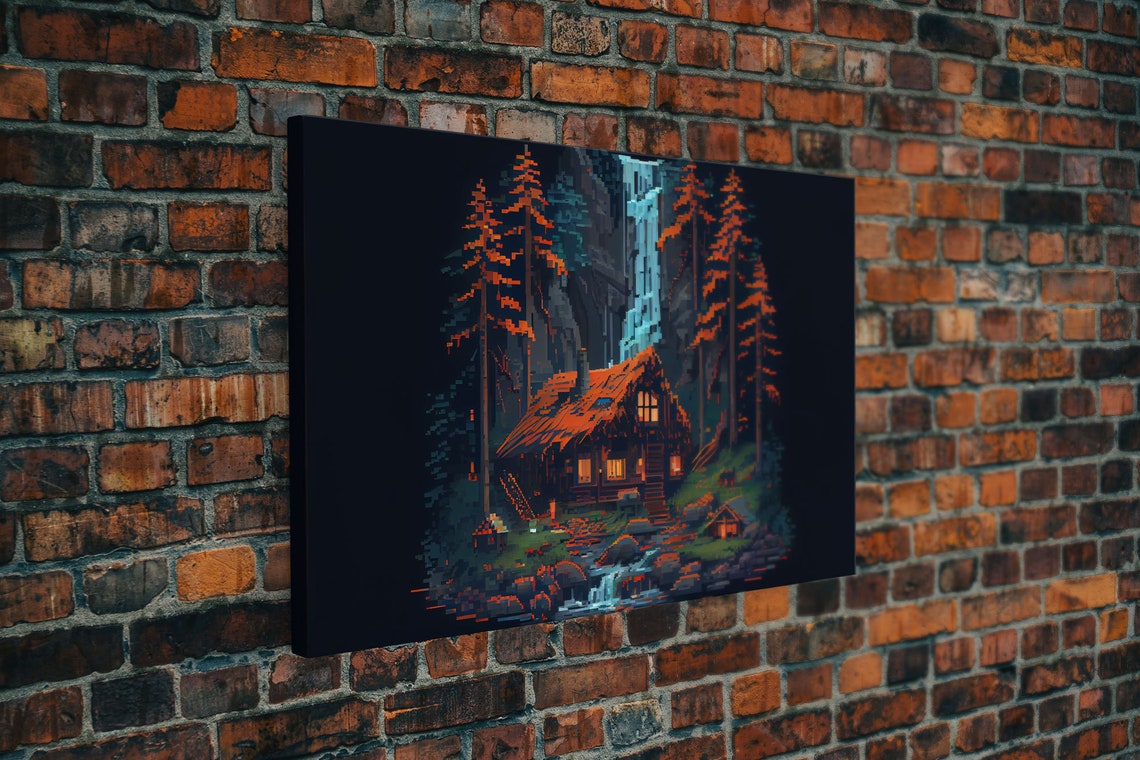 Secluded Log Cabin In The Woods With A Waterfall Behind It 8 Bit Pixel Art Framed Print - Image 5