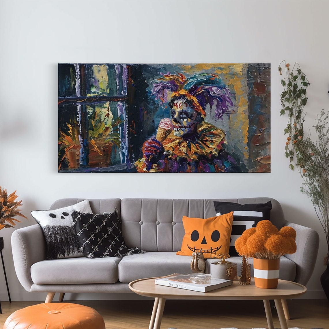 Spooky Court Jester Eating Pink Ice Cream Funny Halloween Wall Art - Image 5
