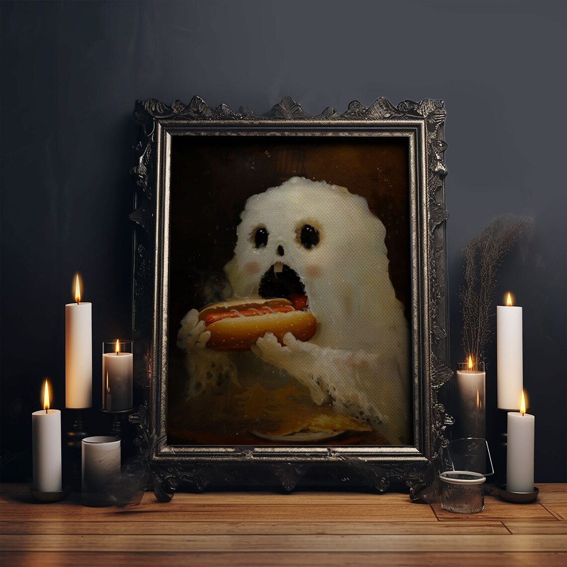 Cute Ghost Eating Hot Dog Funny Halloween Hungry Ghost Art Poster - Image 5