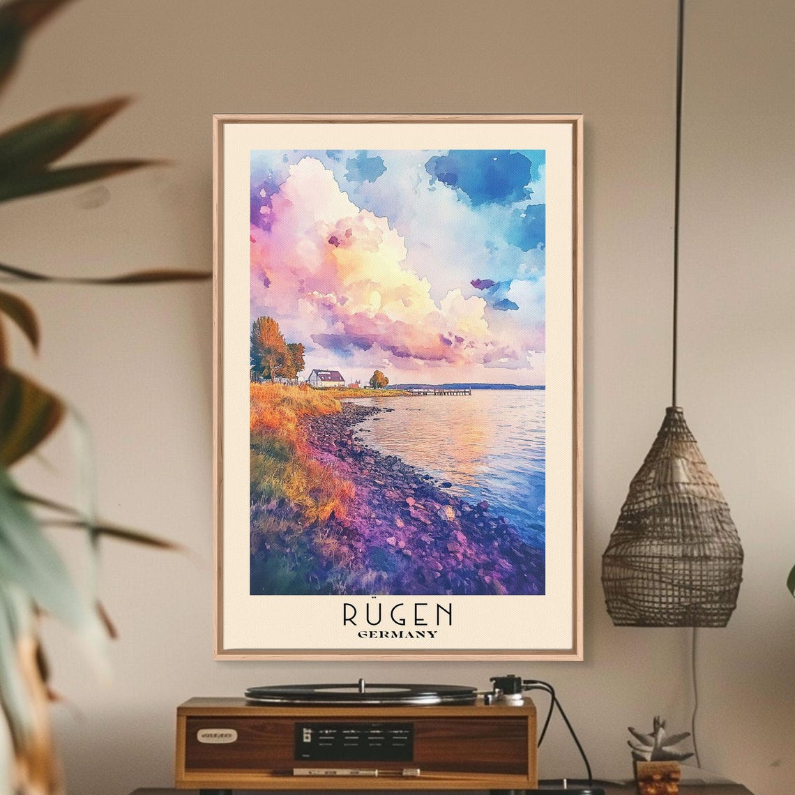 Rugen Germany Shoreline Cottage Pink Sunset Clouds Purple Rocks Poster - Image 2