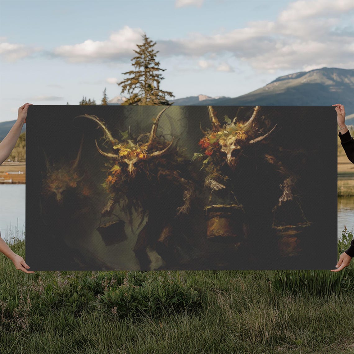 Horned Wendigo Creatures With Flowered Skulls Dark Forest Poster