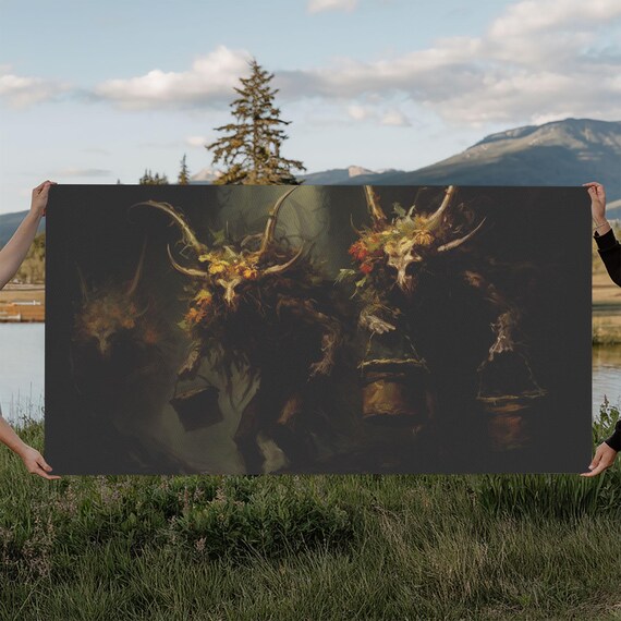 Horned Wendigo Creatures With Flowered Skulls Dark Forest Poster