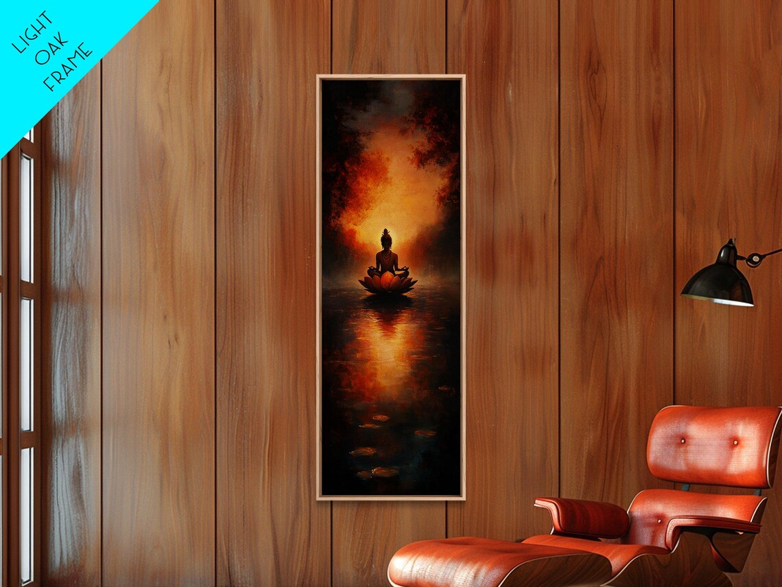 Meditating Figure Lotus Pond Fiery Sunset Spiritual Yoga Wall Art - Image 4
