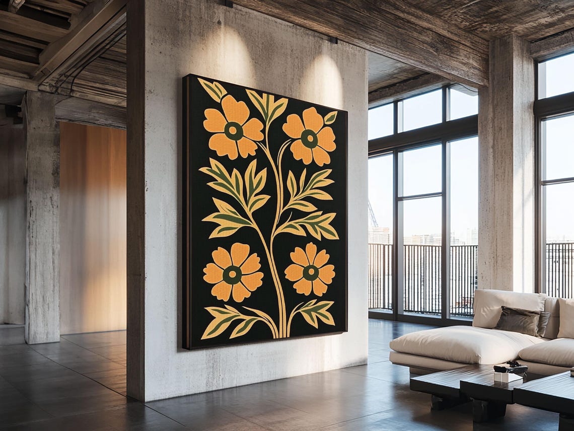 Folk Art Orange Poppy Flowers Black Retro Botanical Wall Poster