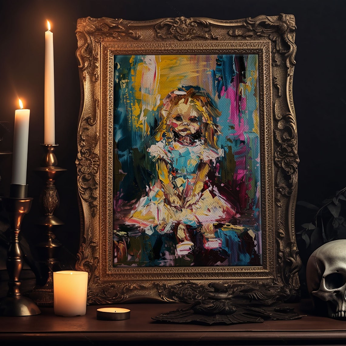 Whimsical Creepy Ghost Girl Abstract Impasto Halloween Art Poster - Image 6