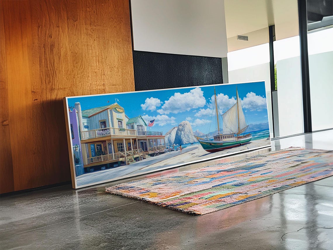 Maine Coastal Town Sailboat Harbor Panoramic Seascape Painting Poster - Image 2