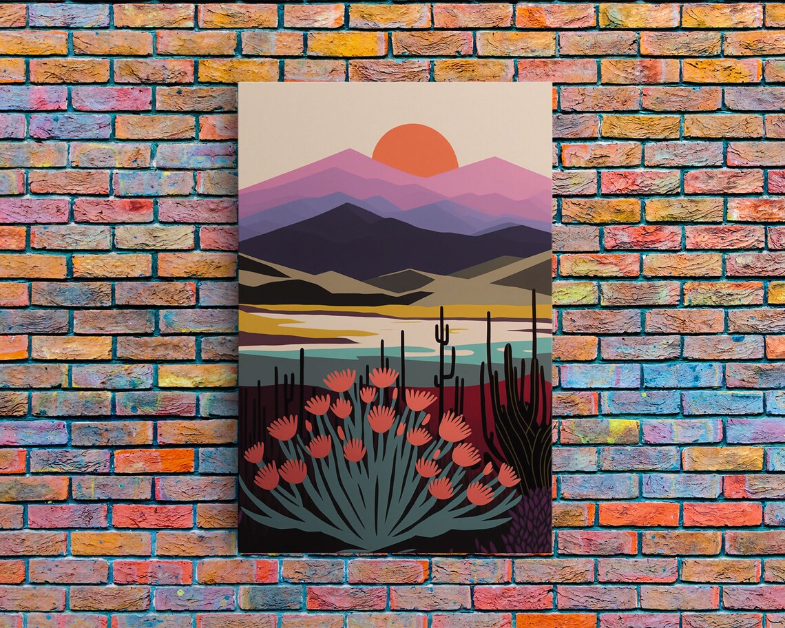 Boho Mountain Landscape, Minimalist Sunset Art