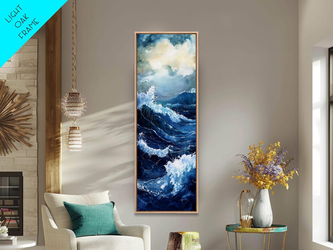 Dramatic Deep Blue Ocean Storm Waves Watercolor Seascape Wall Poster - Image 4