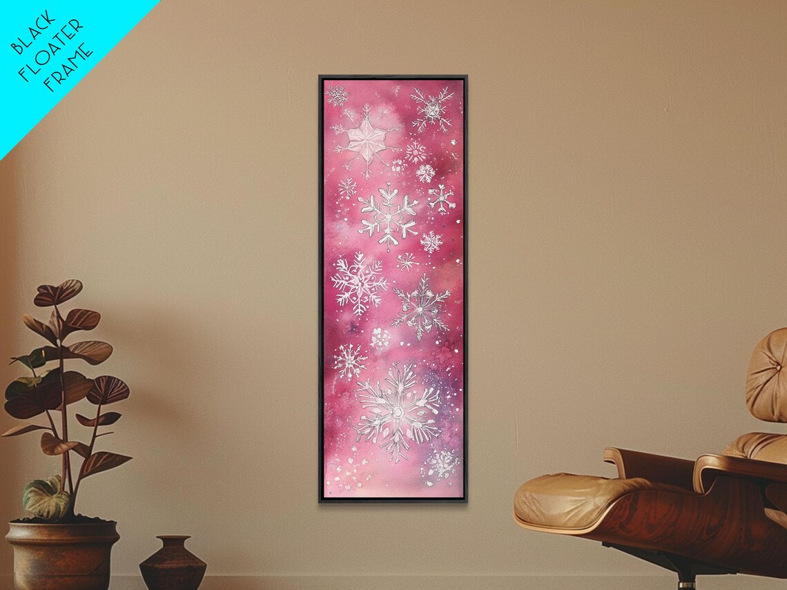 Pink Snowflake Watercolor Painting White Winter Snow Vertical Wall Art