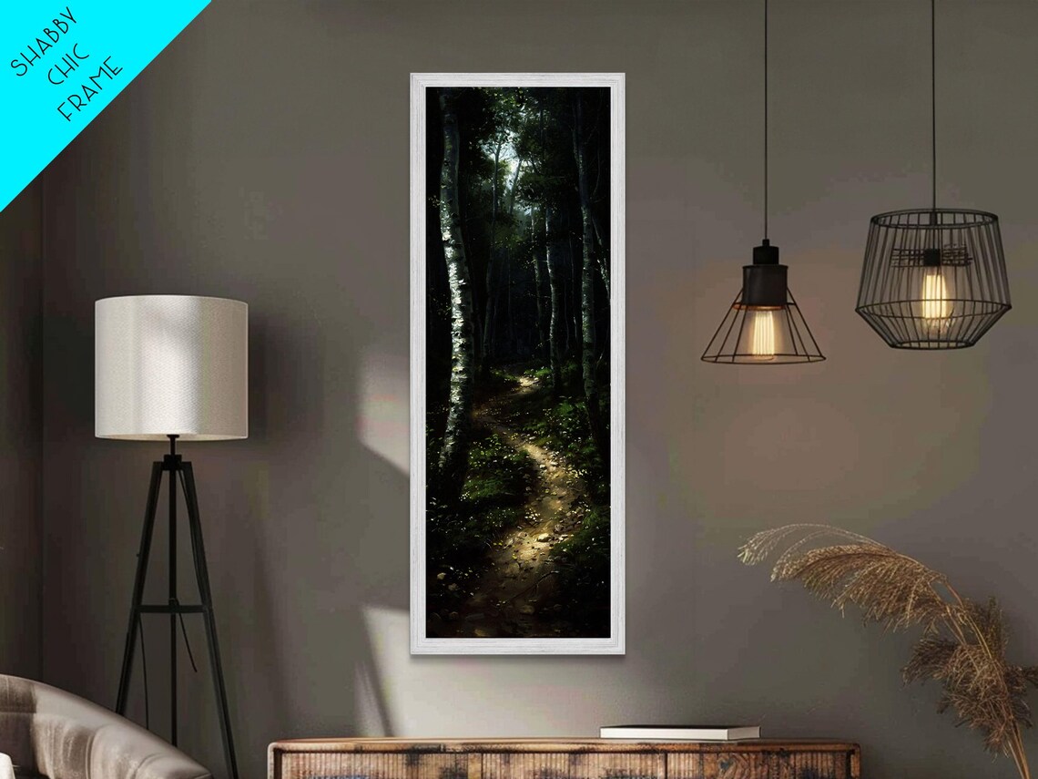 Mysterious Birch Forest Path Tall Skinny Art Framed Print For Serene And Calming Wall Decor In Homes Or Offices - Image 6