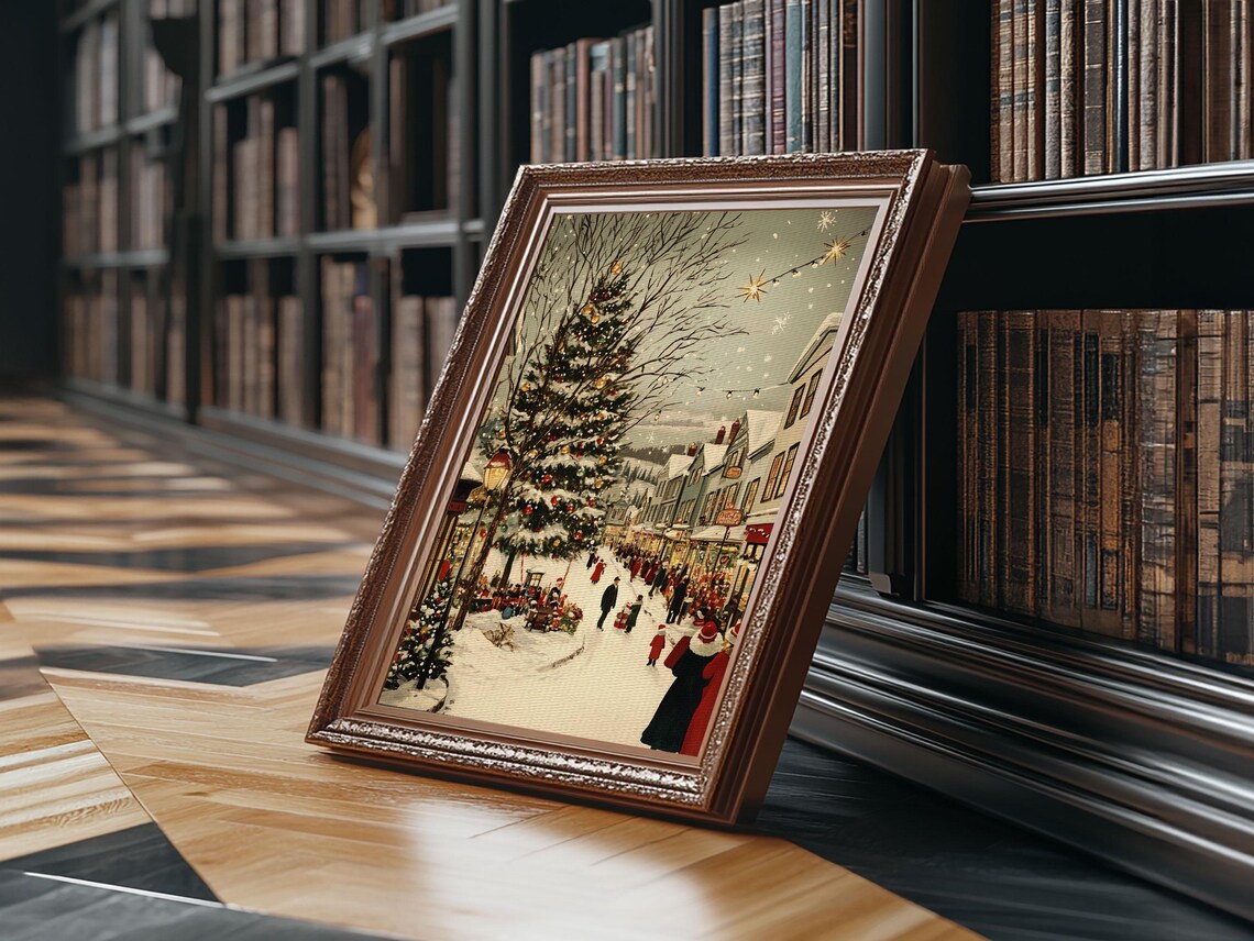 European Christmas Street With Giant Tree Vintage Holiday Art Print - Image 5
