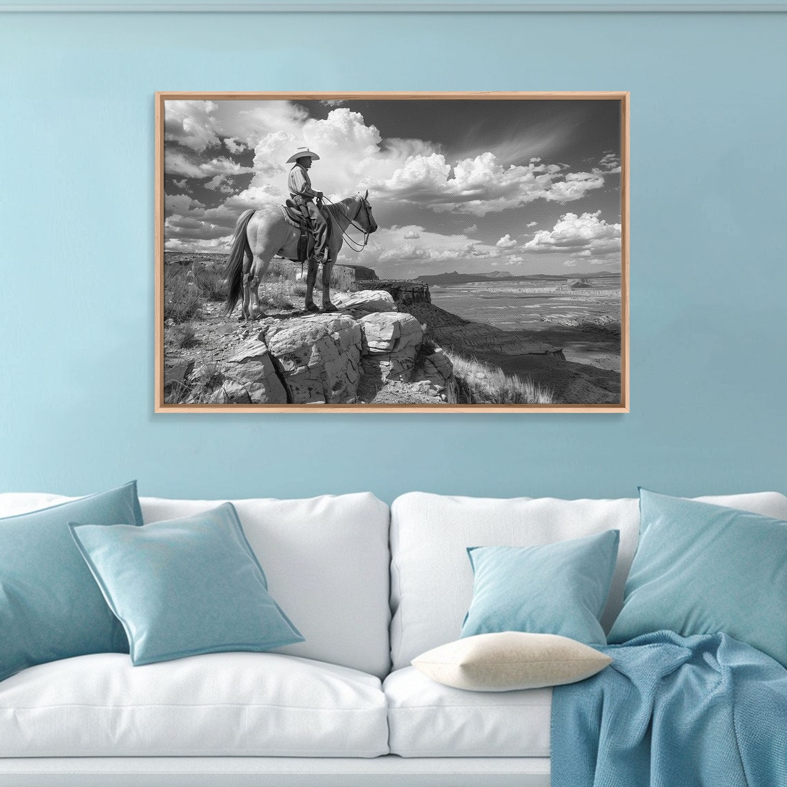 Cowboy Overlooking Valley Horseback Black White Western Poster - Image 3