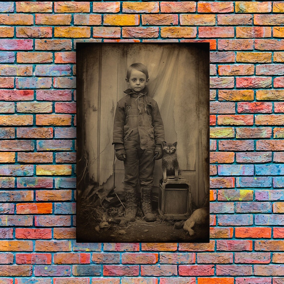 Creepy Vintage Photograph Boy Cat Eerie Antique Portrait Spooky Decor Poster - Image 5