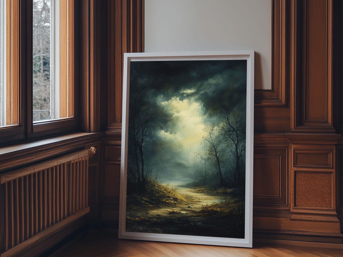 Dark Forest Dusk Misty Path Moonlit Moody Landscape Painting Poster - Image 5