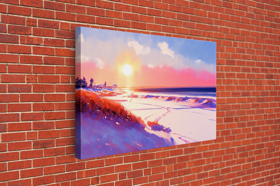 Winter Beach Sunset Purple Snow Dunes Pink Ocean Waves Art Poster - Image 3