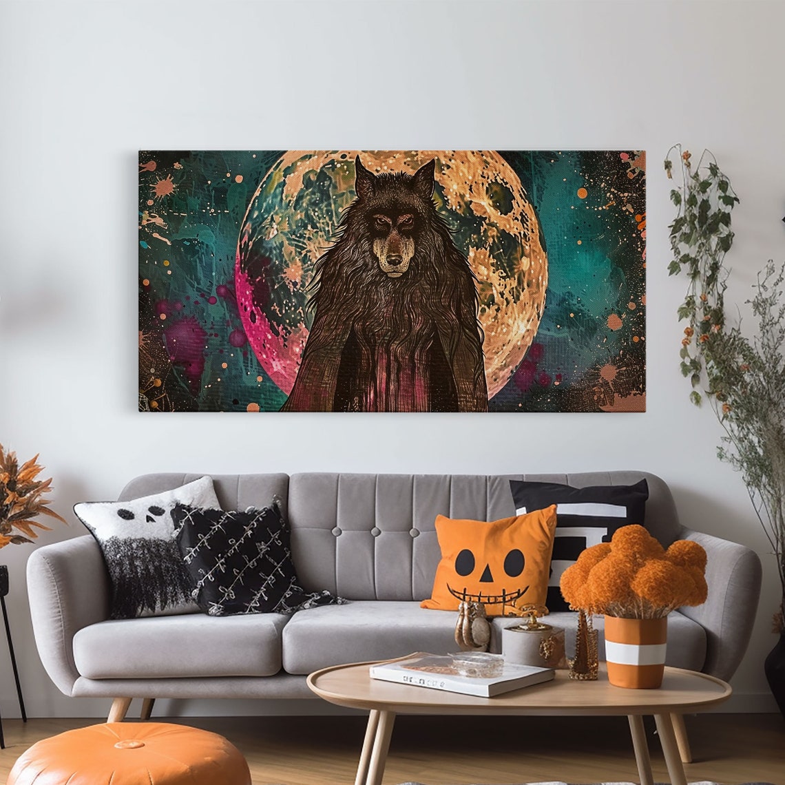Hooded Werewolf Before Full Moon Colorful Night Sky Halloween Print - Image 6