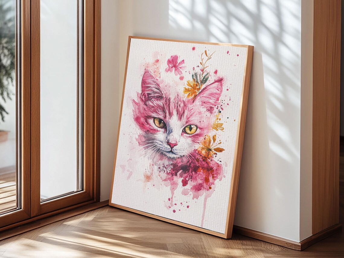 Watercolor Cat Face with Pink Floral Splashes Art Print Animal Wall Poster - Image 3