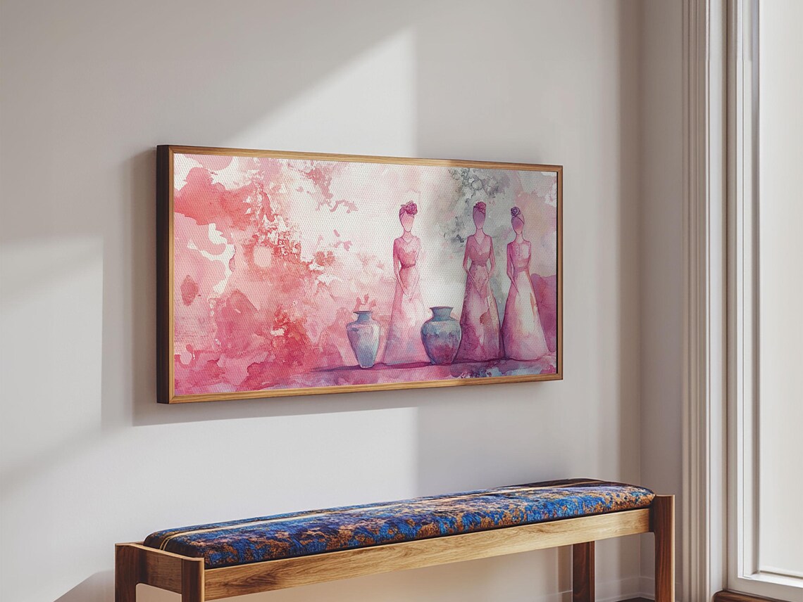 Pink Abstract Women With Vases Wide Wabi Sabi Watercolor Wall Art - Image 5