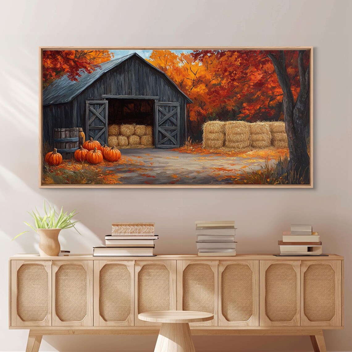 Rustic Dark Barn Hay Bales Pumpkins Blazing Red Autumn Trees Harvest Scene Poster - Image 3