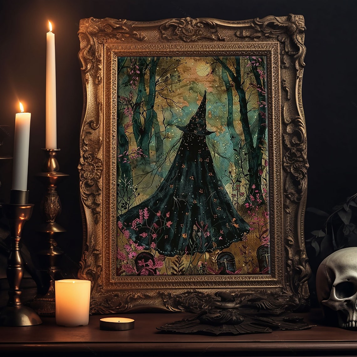 Witch Cloak Moonlit Autumn Forest Starry Night Watercolor Art Poster - Image 6