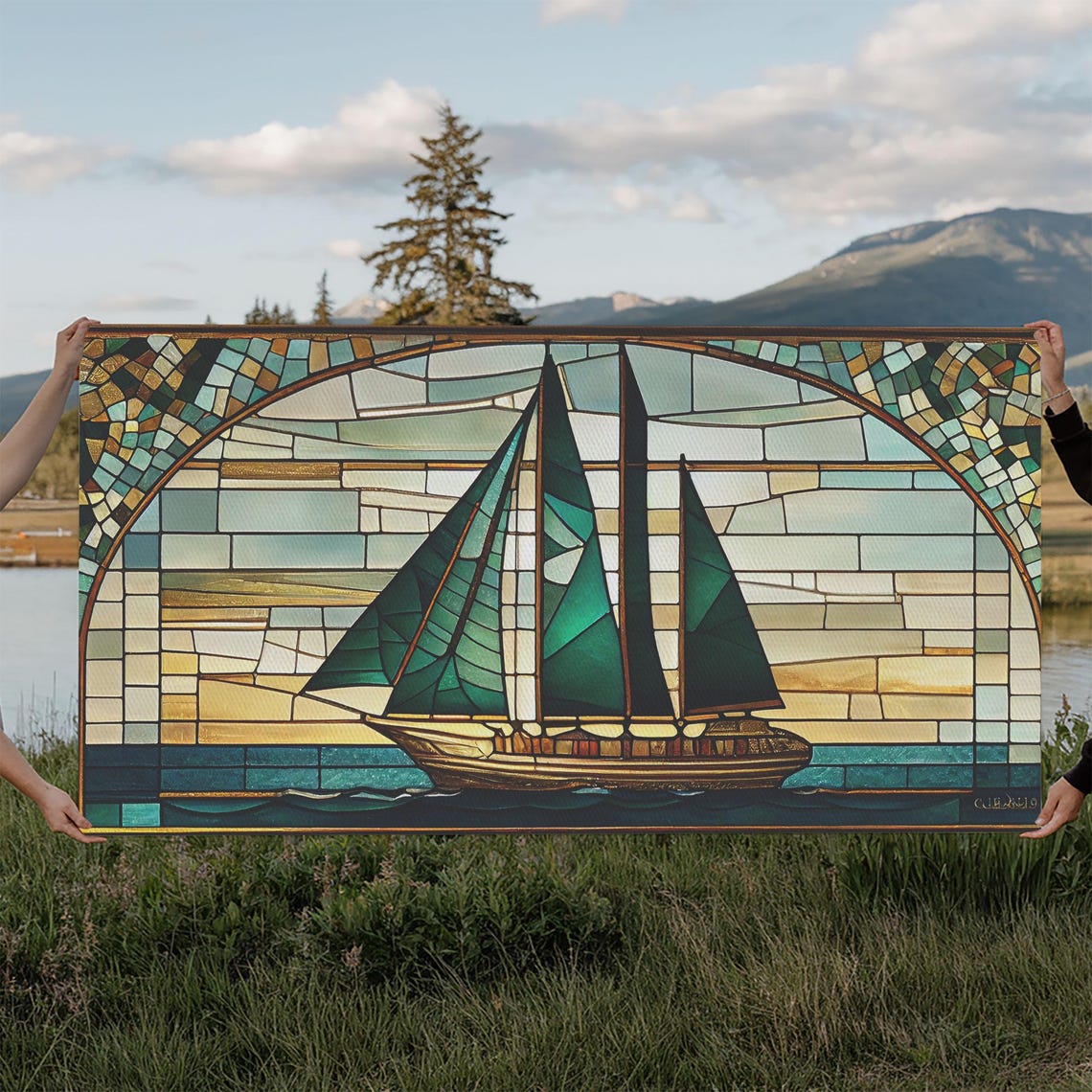 Emerald Sailboat Stained Glass Art Deco Nautical Mosaic Ocean Poster