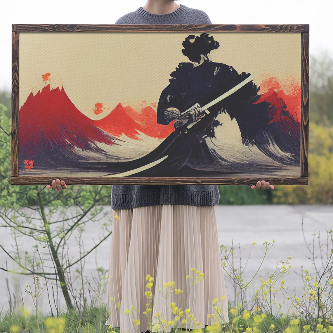 Samurai Warrior Silhouette Against Red Mountains Japanese Art Poster - Image 2
