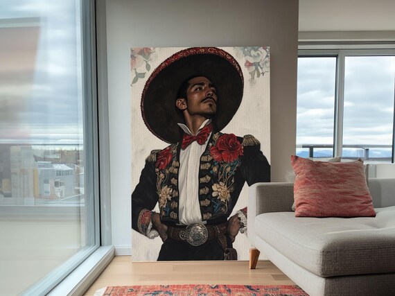 Charro Sombrero Portrait Red Bow Tie Embroidered Suit Mexican Heritage Wall Art