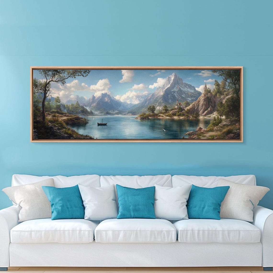 Fantasy Alpine Castle Lake Mountain Dreamy Landscape Panoramic Poster - Image 2