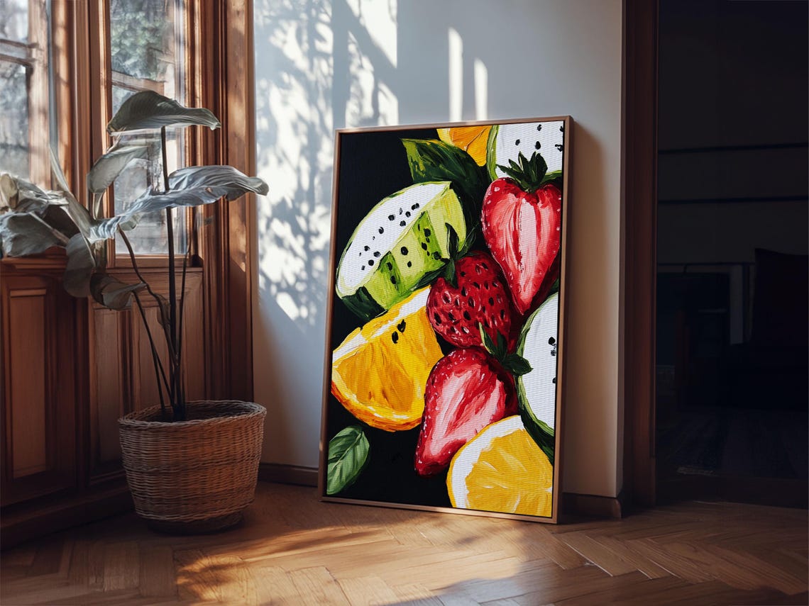 Bold Strawberry Orange Dragon Fruit Still Life Kitchen Art Print - Image 2