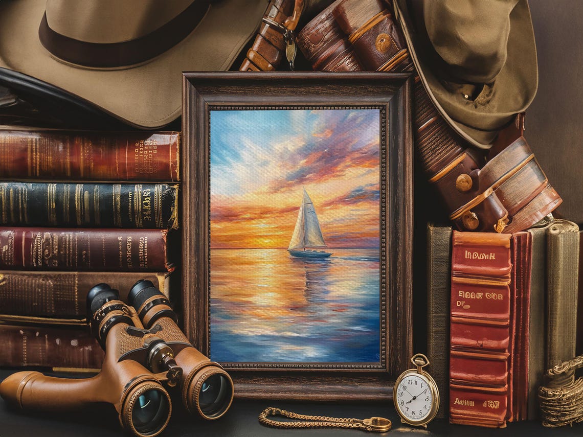 Sailboat At Sunset On Calm Ocean Vibrant Sky Nautical Wall Art Print