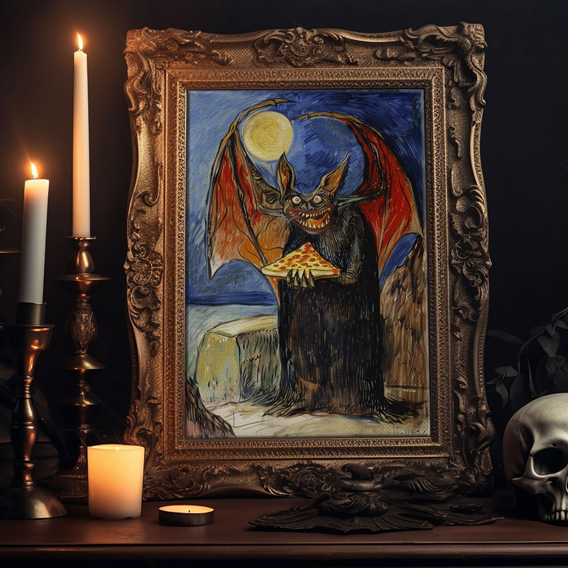 Vampire Bat Pizza Full Moon Starry Night Funny Whimsical Art Poster - Image 6