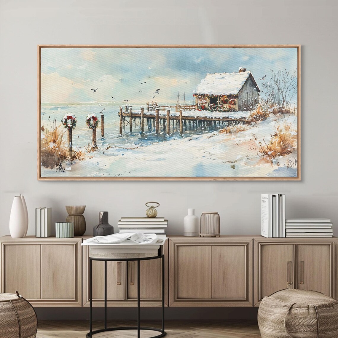 Snowy Fishing Pier Christmas Wreaths Seaside Holiday Art Print - Image 5