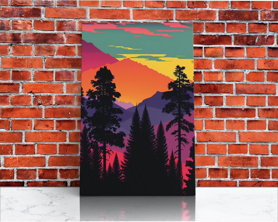 Pacific Northwest Pop Art Framed Prints Washington State Pine Tree Forest And Mountain Landscape At Sunset Vibrant Art - Image 3