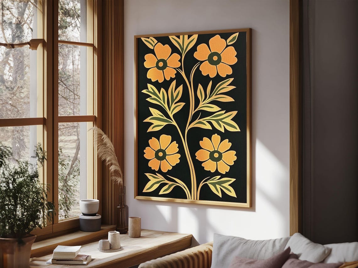 Folk Art Orange Poppy Flowers Black Retro Botanical Wall Poster - Image 5