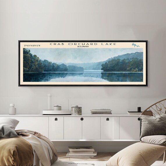 Crab Orchard Lake Illinois Framed Print Lake House Art Panoramic Wide Art Travel Poster Modern Lake Painting Nature Art