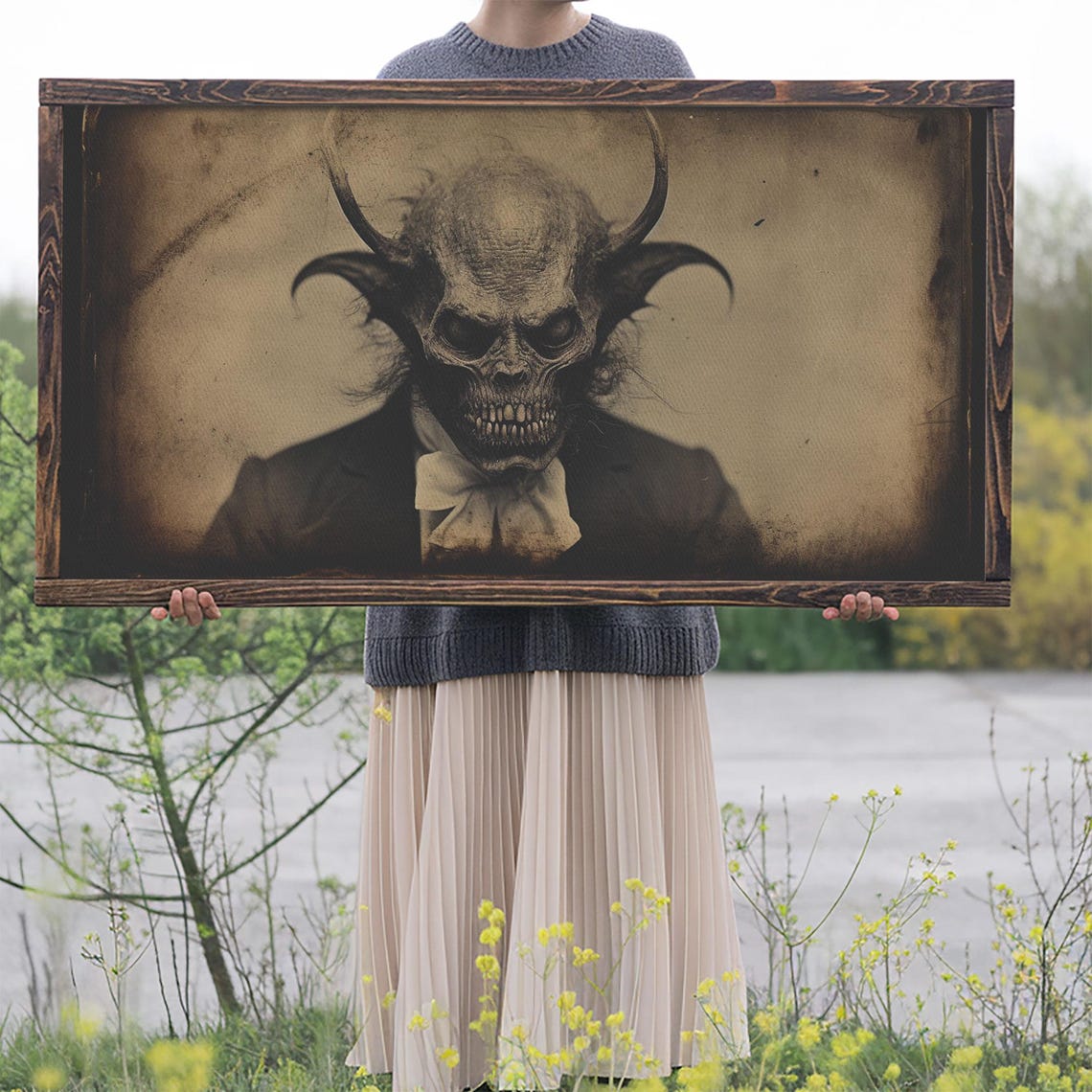 Horned Demon In Suit And Bow Tie Vintage Photo Horror Wall Art - Image 2