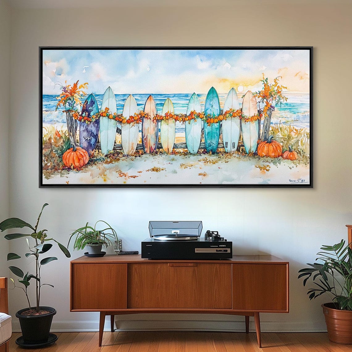 Colorful Surfboards With Pumpkin Garland Beach Fall Art Print - Image 6