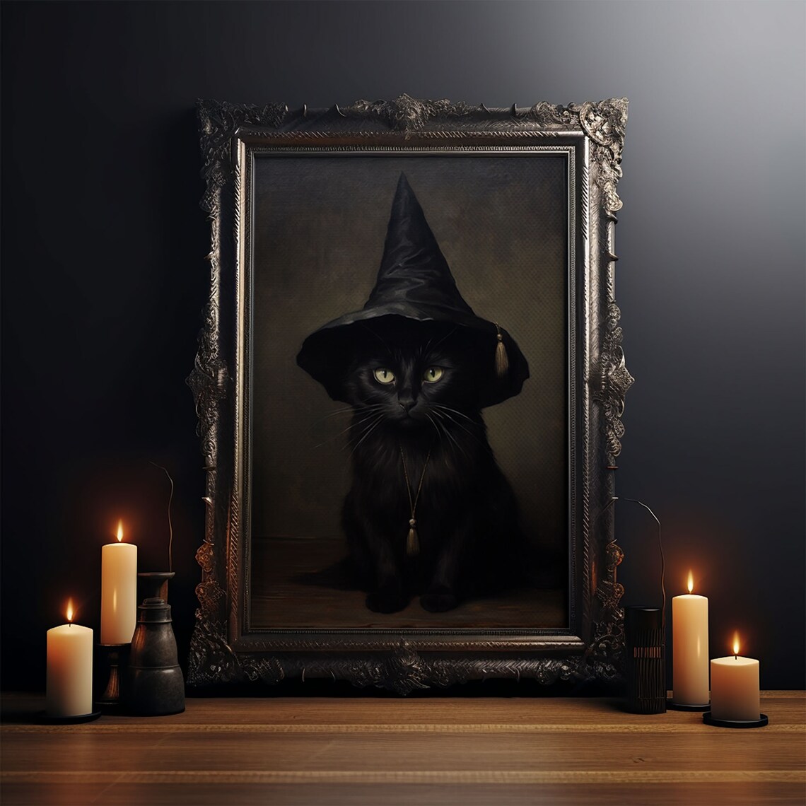 Witch's Familiar Cat Halloween Art Print, Black Cat - Image 3